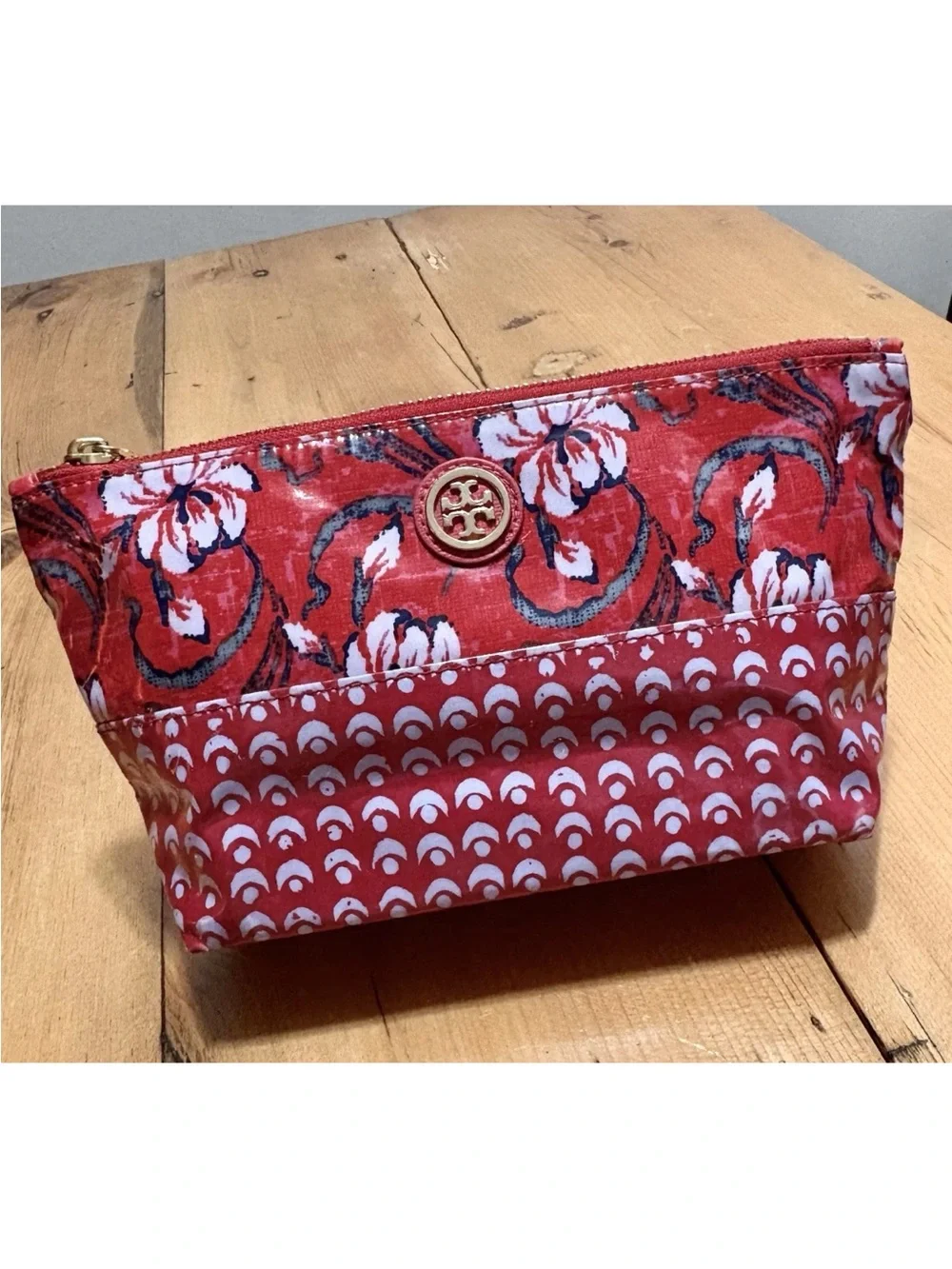 TORY BURCH Cosmetic Case Red Floral Makeup Bag